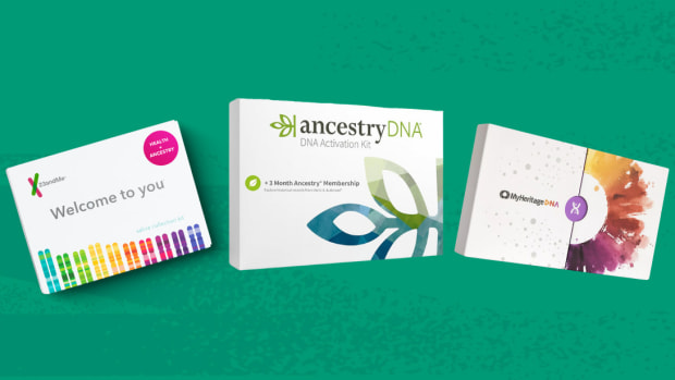 A green background with the 23andMe DNA test, the AncestryDNA test, and the MyHertiage DNA test.